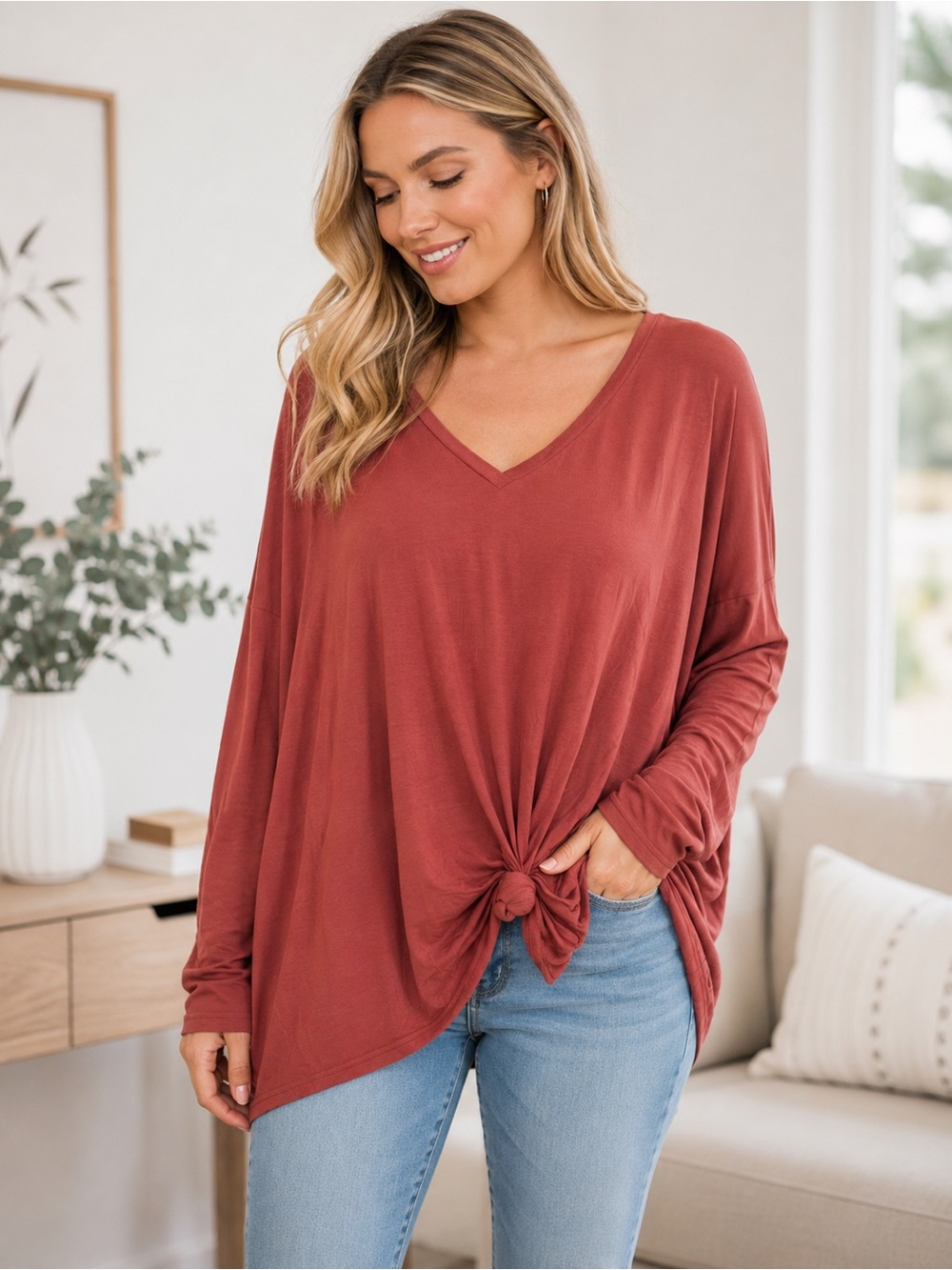 V-Neck Knot Front Long Sleeve Piko Top - Rust